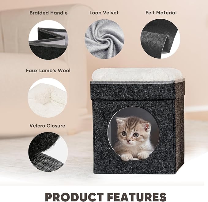 B FSOBEIIALEO Cat House Cube Small Dog Cubes for Indoor Cats Folding Cat Ottoman, Cat Cave, Stackable Cat Condo for Kitten, with Removable Soft Sleeping Bed, Felt and Engineered Wood 12.6"(Dark Grey)