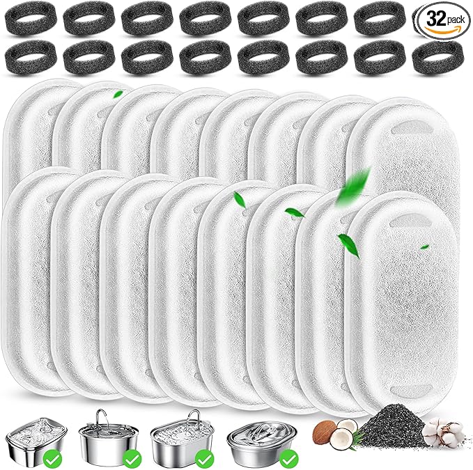 Cat Water Fountain Filters Replacement, 16 Pcs Pet Water Fountain Filter with 16 Pcs Foam Sponges for 67oz/2L & 108oz/3.2L Stainless Steel Pet Cat Water Fountain Dispenser Filters