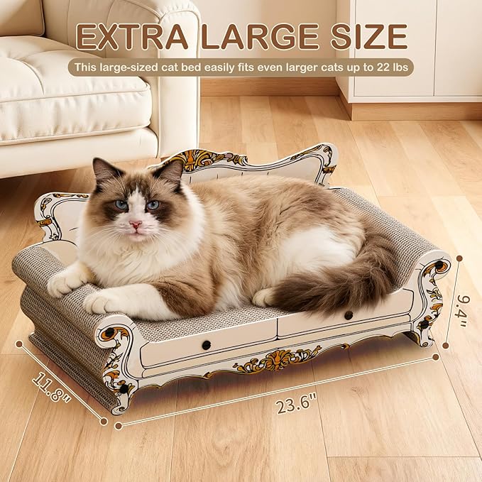 Cat Scratcher Bed,23.6 Inch Sofa-Shaped Cat Scratcher Couch, Large Luxury Durable Cardboard Sofa Scratcher Pad Furniture Protector for Indoor Cats Scrach,Rest and Play,Beige