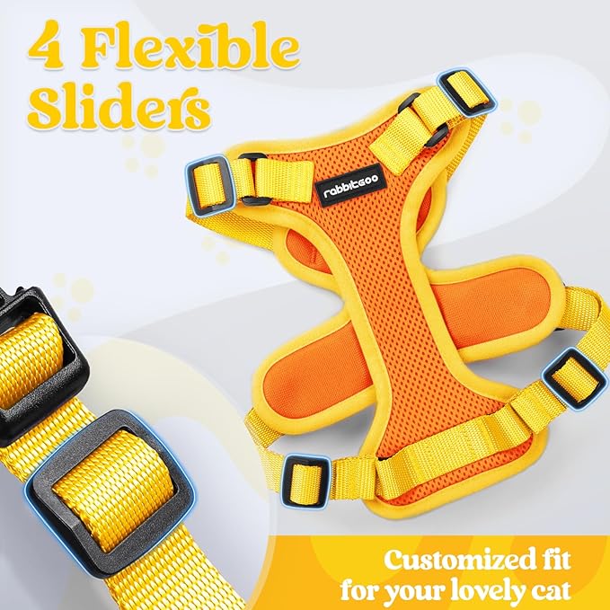 rabbitgoo Cat Harness and Leash Set, Escape Proof Soft Adjustable Vest Harnesses for Outdoor Walking, Easy Control Breathable Kitten Jacket with Reflective Strips, Orange & Yellow, S