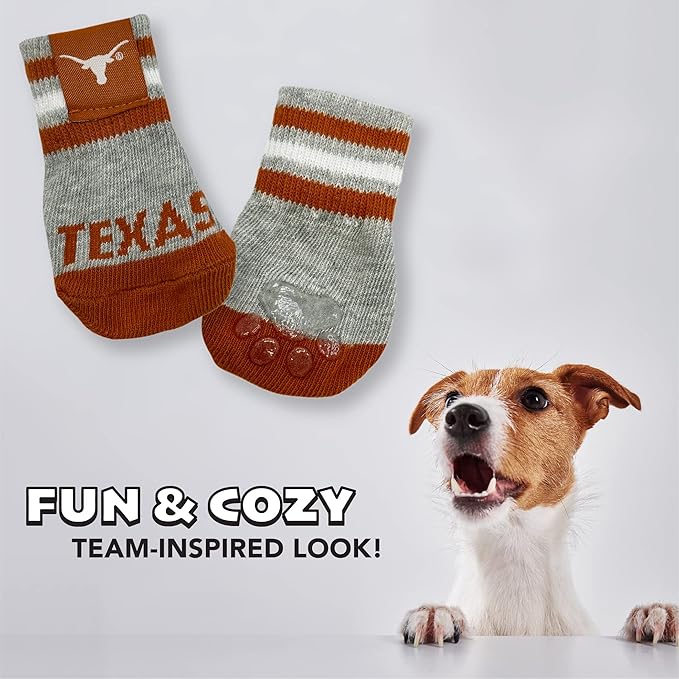 NCAA Texas Longhorns Anti Slip Dog Socks with Elastic Ribbed Top, Size Medium/Large. Indoor/Outdoor Socks, Best Dog Paw Protector, 2 Pairs of Pet Socks with Your Favorite Collegiate Sports Team