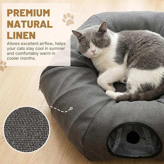 Cat Tunnel Bed for Indoor Cats, Cooling Natural Linen Cat Tunnel, Breathable 29.5in Kitten Toys Cat Tunnel with Washable Mat, Round Pet Tunnel for Kittens, Squirrels Dark Grey