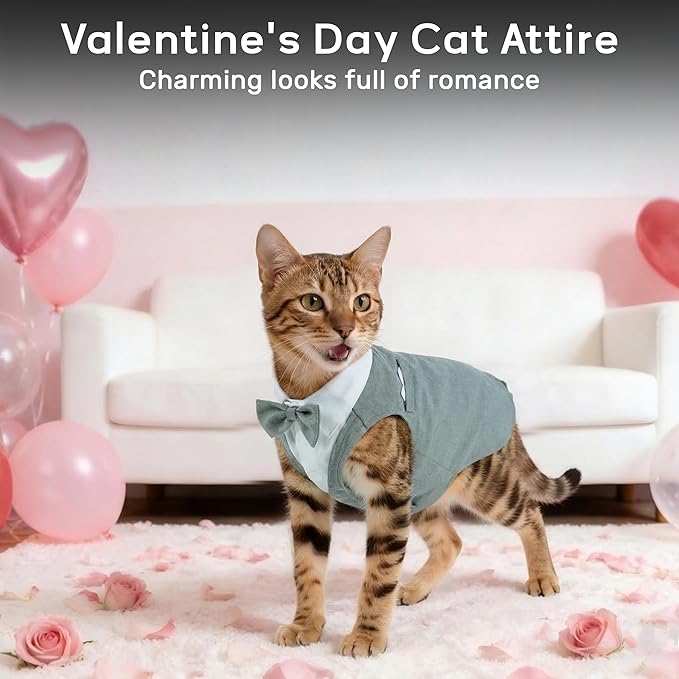 PUMYPOREITY Cat Tuxedo Suit Formal Wear with Bow Tie, Soft Skin-Friendly Cat Costumes for Cats Only, Elegant Outfit for Male Female Cats, Perfect for Wedding Birthday Photo Shoots, XS, Grey