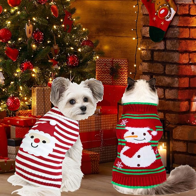 GOYOSWA 3 Pack Cat Christmas Sweater, Knit Pet Cat Sweaters Warm Coat Clothes Santa Reindeer Snowman Christmas Sweater Outfit for Cats Kitten Puppy L