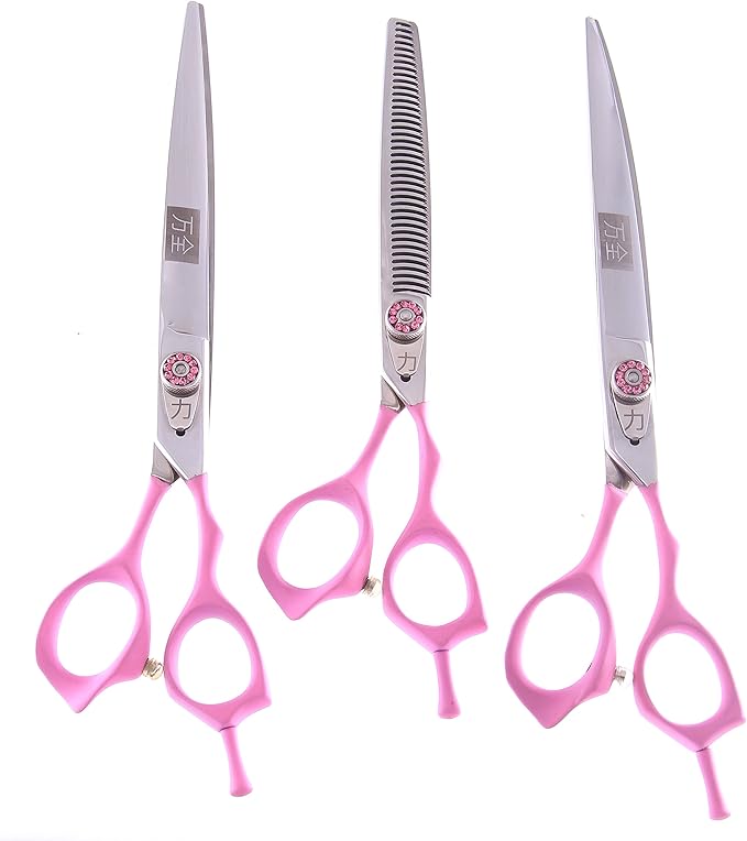 ShearsDirect 40 3 Tooth Blender Shear Set, Includes 8.0-Inch Straight, 8.0-Inch Curved and 7.0-Inch with Pink Rubber Handle for Added Comfort