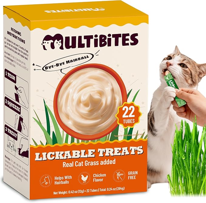 22 Tubes Lickable Cat Treats - Creamy Squeezable Cat Grass Treats with Taurine for Cats & Vitamins - Hairball Treatment & Digestive Support