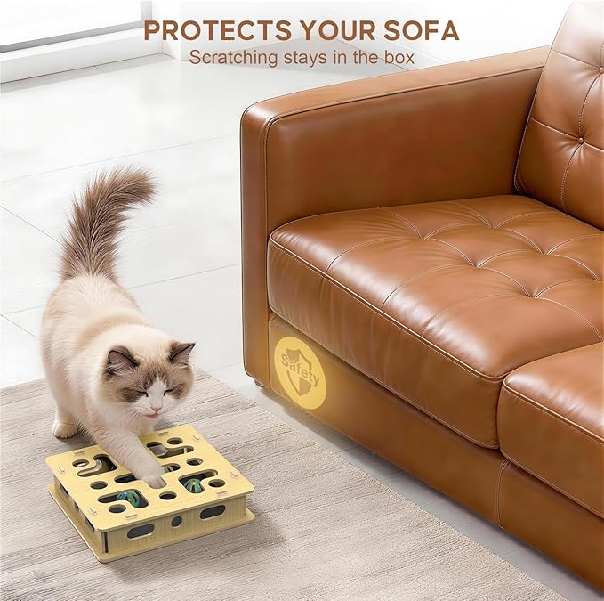 Cat Nail File Scratcher Box with 5 Sandpaper Pads & 4 Bell Balls, EIODEAR Sturdy Wood Cat Nail Scratcher to File Nails, Cat Toy Filer Toy for Treat-Motivated Cats, Included Silicone Security Rings