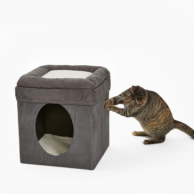 MidWest Homes for Pets Cat Cube, 15.5 x 15.5 x 16.6 Inches, Foldable Cat Hideout with Toy, Bolstered Bed Top, Faux Gray Suede, Synthetic Sheepskin Bedding