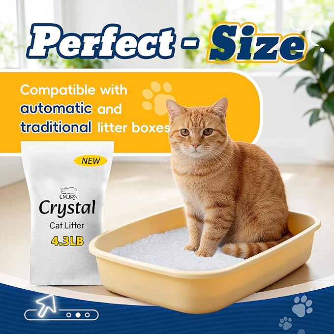 LMJP Crystal Cat Litter with Powerful Odor Control, Non-Clumping, Lasts Up to 4 Months, 17.2lb, Rapid Water Absorption, Unscented & Low Tracking Lightweight White Silica, 4 Pack of 4.3lb