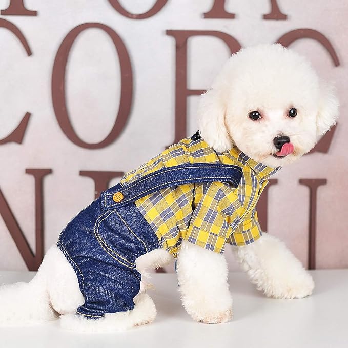 SMALLLEE_LUCKY_STORE Pet Clothes Costume Puppy Denim Overalls for Small Medium Dogs Cats Boys Bowtie Plaid Shirt Jeans Pants Outfits Chihuahua One Piece Jumpsuit,Yellow L