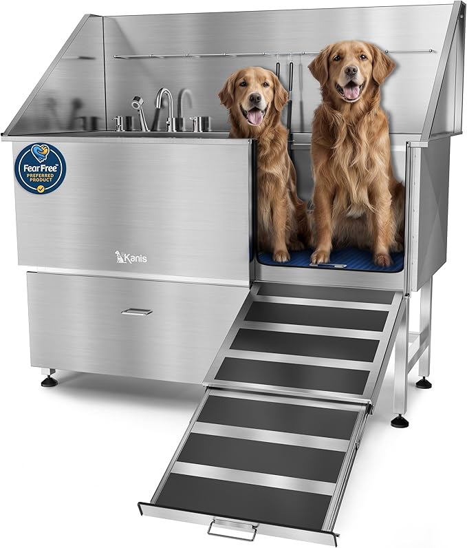 KANIS Professional Dog Washing Station 304 Stainless Steel Pet Wash Sink & Grooming Bathtub w/Shower, Floor Grates and Storage for Large, Medium & Small Pets (Silver, 61 Inches, Right Ramp, 1 Drawer)