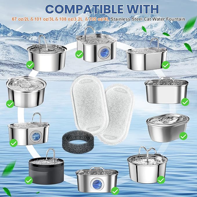Cat Water Fountain Filters Replacement, 24 Pcs Pet Water Fountain Filter with 24 Pcs Foam Sponges for 67oz/2L & 108oz/3.2L Stainless Steel Pet Cat Water Fountain Dispenser Filters