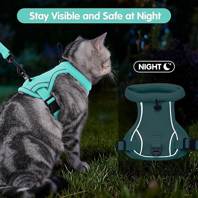 Dotoner Escape Proof Cat Harness and Leash Set Adjustable Soft Mesh Vest for Walking Safe Travel Vet Visit with Reflective Strips for Cats and Kittens(Turquoise-M)