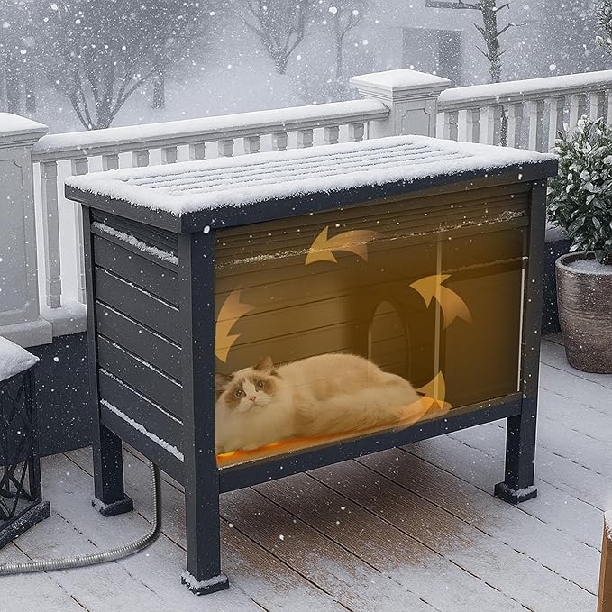 Outdoor Heated Cat House for Outside, Insulated Cat House Outdoor Weatherproof with Heated Pad & Air Rods for Winter, Large Outside Cat Shelter with Raised Floor & Ground Spike for Feral Cats, Black