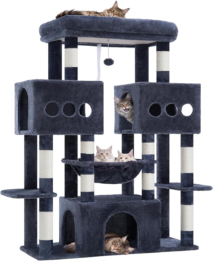 Hey-brother Cat Tree Tower, Large Sisal Scratching Posts with Big Platform, 3 Spacious Condos, Plush Hammock, Toy, 57.5 Inches Multi-Level Furniture for Indoor Adults Maine Coon, Smoky Gray MPJ083G