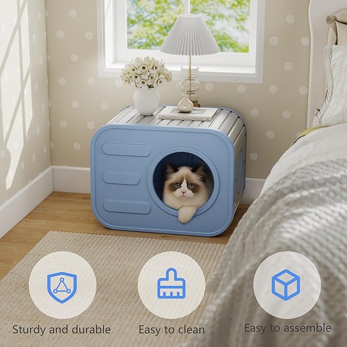 ROJIK Cat House Outdoor Cat Bed Weatherproof,Plastic Insulated Feral Shelter with Elevated Floor,Stackable Pet House Wave for Bedroom Yard and Patio,Easy to Assemble,Versatile(Blue,with Cusion)