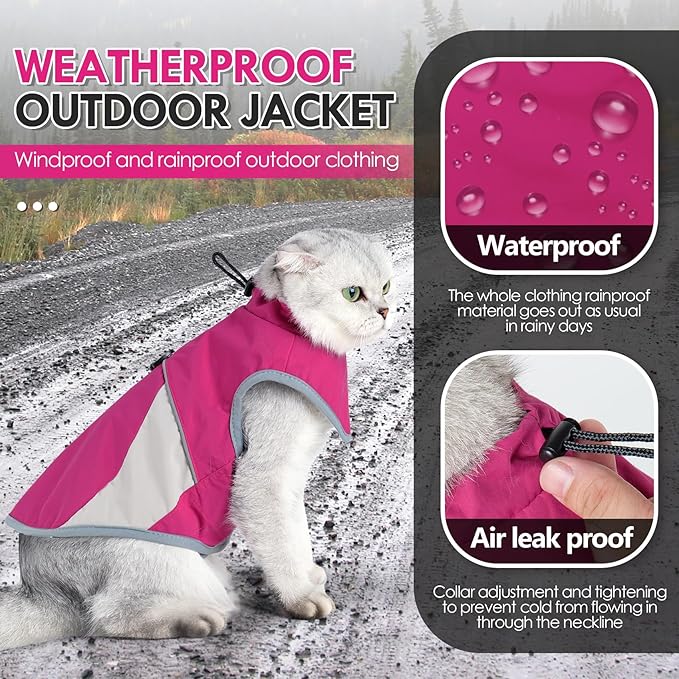 ETIAL Reflective Cat Winter Jacket, Adjustable Cold Weather Cat Clothes Outfit Apparel with Traction Buckle, Windproof Waterproof Warm Cat Vest for Walking Hiking (Pink,M)