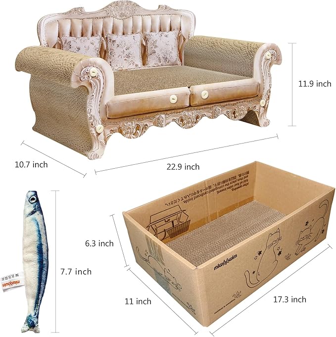 miwoowim Cat Scratcher Bed, 23 Inch Kitty Couch and 17.3 Inch Scratch Box with Pad, Modern Large Kitten Lounger for Indoor Cats,Unique Cute Corrugated Cardboard Cat Sofa Scratcher,