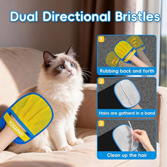 2 Pack Magic Brush Pet Hair Removal Gloves for Cat & Dog, Ectrostatic Five-Finger Fur Remover, The Magic Brush Pure Path Grooming Remover Glove for Laundry, Carpet & Car Seat (Blue & Yellow)