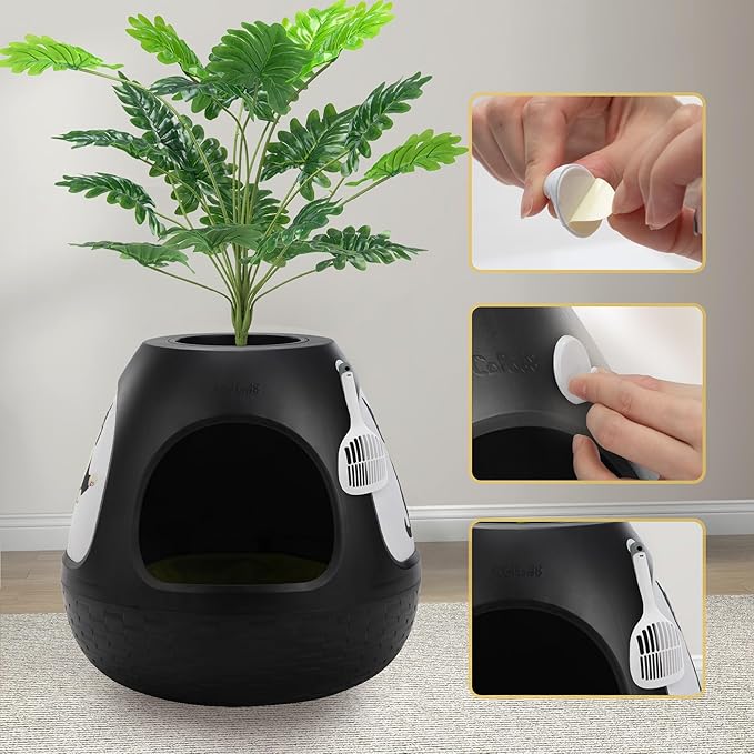 COZIWOW Eggloa6 Plant Litter Box, Hidden Cat Litter Box with Artificial Plants, DIY Litter Box Furniture, (Black, Basic)