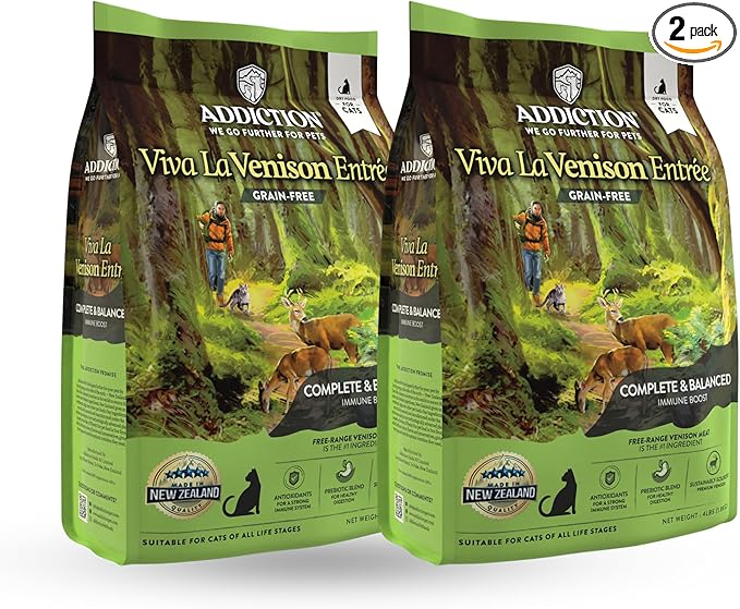 Addiction Viva La Venison Grain-Free Dry Cat Food - with Premium Venison to Support Muscle Development & Maintenance - High-Protein Recipe with Chicken & Low Carb - Made in New Zealand - 4lbs (2-pk)