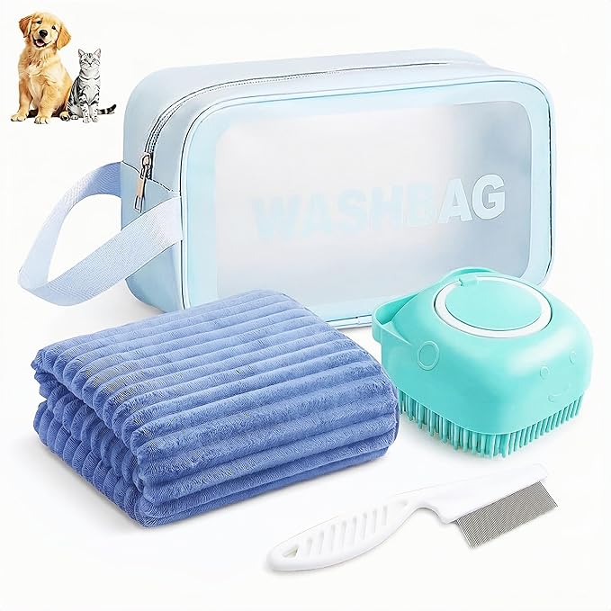 4PCS Dog Bath Kit & Dog Brush Kit for Dogs & Cats - Professional Pet Grooming Tools Set with Shedding Brush, Bath Scrubber, Dematting Comb & Storage Bag - Complete Dog Washing Essentials, Blue