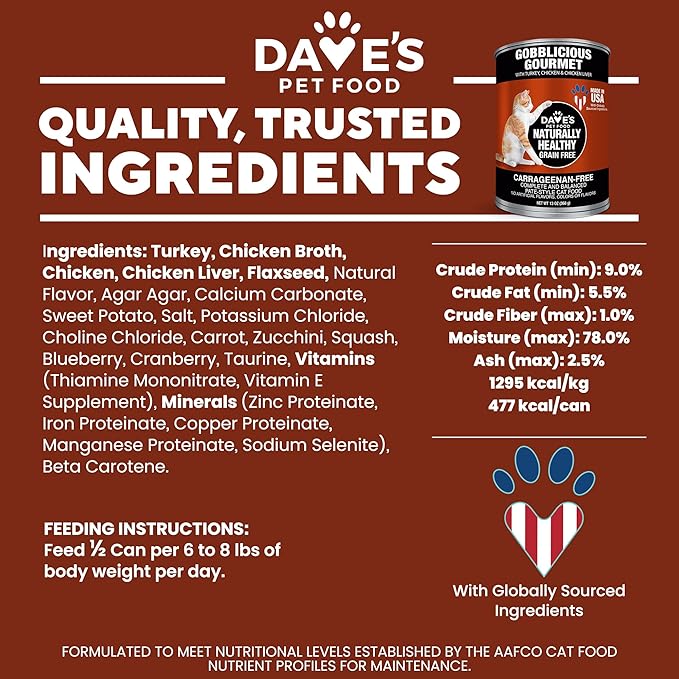 Dave's Pet Food Grain Free Wet Canned Cat Food Pate (Gobblicious Gourmet), Made in USA Naturally Healthy, Added Vitamins & Minerals, 13 oz Cans (12 Pack)
