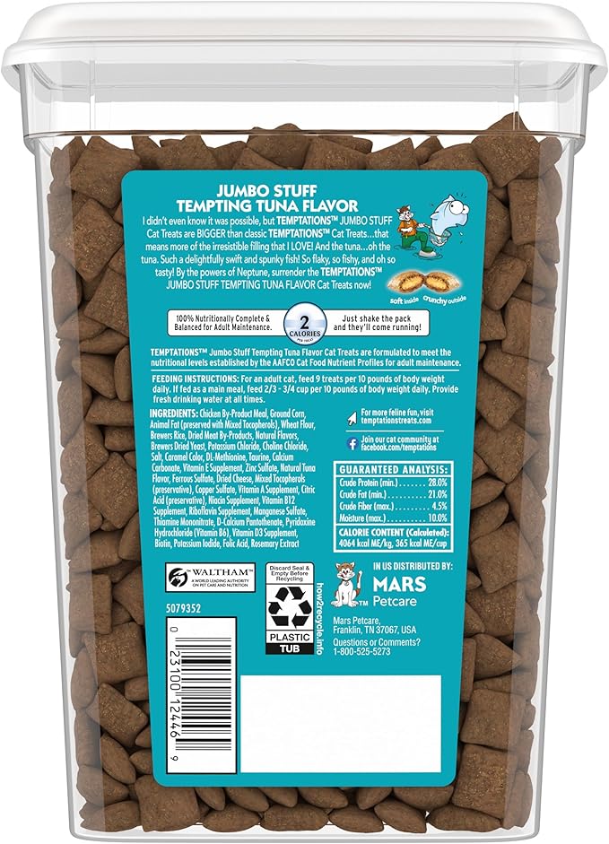 Temptations Jumbo Stuffed Cat Treats, Crunchy and Soft Cat Treats, Tempting Tuna Flavor, 14 oz. Tub