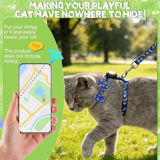 EXPAWLORER Cat Harness and Leash Set with AirTag Holder, Escape Proof Safe Lightweight Adjustable Soft Kitten Harness Set with Bowknot for Small Medium Large Cat Walking Travel Outdoor, Star-Moon