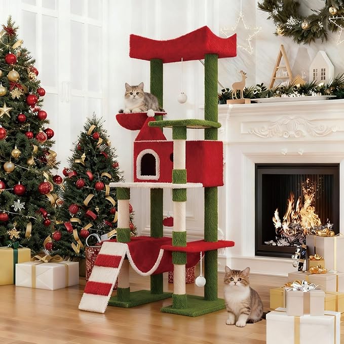 STILLCOVE 63" Large Christmas Cat Tree Tower Indoor: Tall Modern Cute Heavy Duty Cat Condo House with Scratching Post & Hammock for Maine Coon