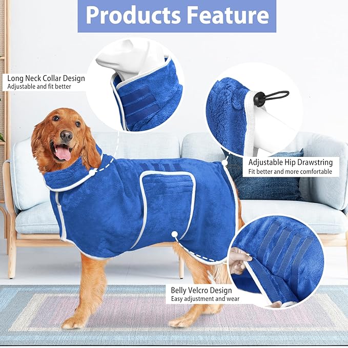 Dog Bathrobe Towel Dog Drying Coat - Super Absorbent Towels Bath Robe for Dogs Large, Soft Adjustable Collar & Belly Strap Fast Drying Coat Pet Cat Bath Robe (Medium Blue‌, Medium)