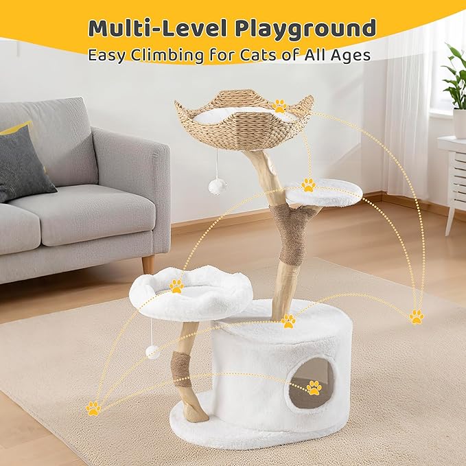 AQUILLA 42.5" Multi-Level Cat Tree Tower – Cozy Cat Condo, Woven Seagrass Basket, Sisal Scratching Posts, Indoor Playground for Cats, White