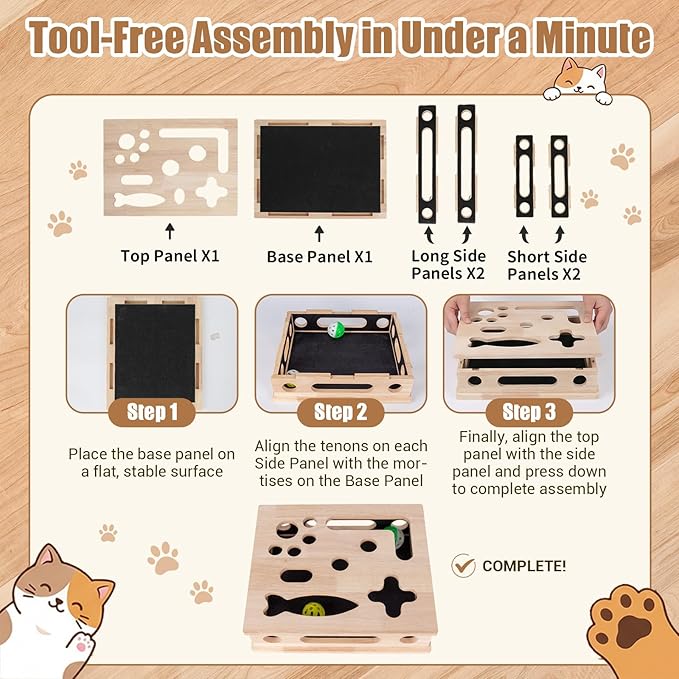 Cat Scratch Puzzle Enrichment Box, Smooth Solid Wood Cat Nail File Enrichment Box with Built-in Sandpaper, Cat Nail File Box Stress Free Alternative to Clippers & Grinders(No Bell Ball)