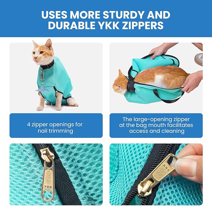6-12 lbs Anti-Escape Suction Cup Cat Grooming Bag - Medium Green Breathable Mesh, for Bathing & Nail Trimming, Portable for Travel & Easy to Clean