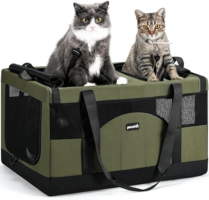 Pecute Dual Compartment Pet Carrier for Multi-Cat Families & Small Dog Owners, Collapsible Dog Crate with Reinforced Steel Frame, Car Safety Design for Travel, Vet Visits & Home Use, Green