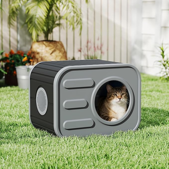 LHBcraft Outdoor Cat House Weatherproof, Insulated Feral Cat House with Camera-Shaped Design, Cat Houses for Outdoor Indoor Cats, Grey
