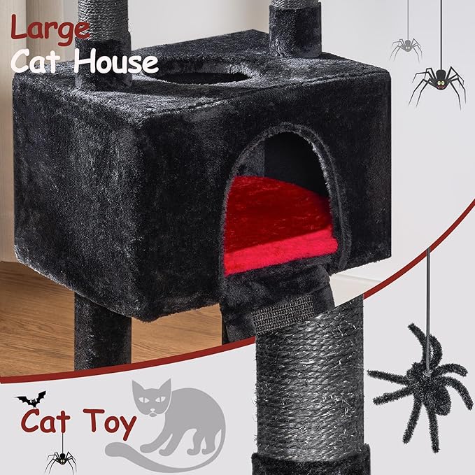BEWISHOME Cat Tree Tower for Indoor Gothic Cat Trees with Coffin Bed, Cat Condo Cat House with Scratching Posts, Cat Shelves with Spider Toy, Pet Play Activity Center Black with Red, MMJ95R
