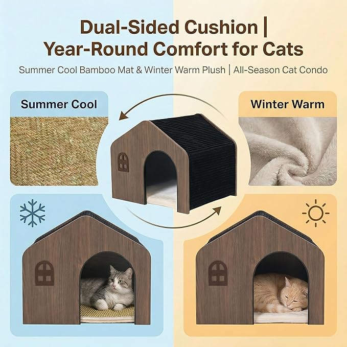 Wooden Cat House for Indoor Cats - Plush Corduroy Semi Enclosed Cat Condo, Dual Sided All Season Washable Cat Bed, Sturdy Modern Cat Furniture for Small & Medium Cats Up to 20lb/9kg