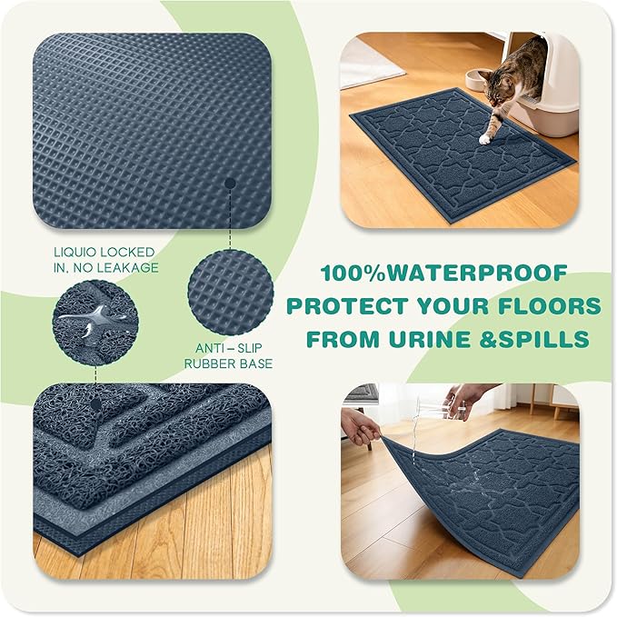 Yimobra Cat Litter Mat, Litter Trapping Waterproof Non Slip PVC Mat, Scatter Control Easy Clean for Litter Box, 35.4"x23.6", Dark Blue