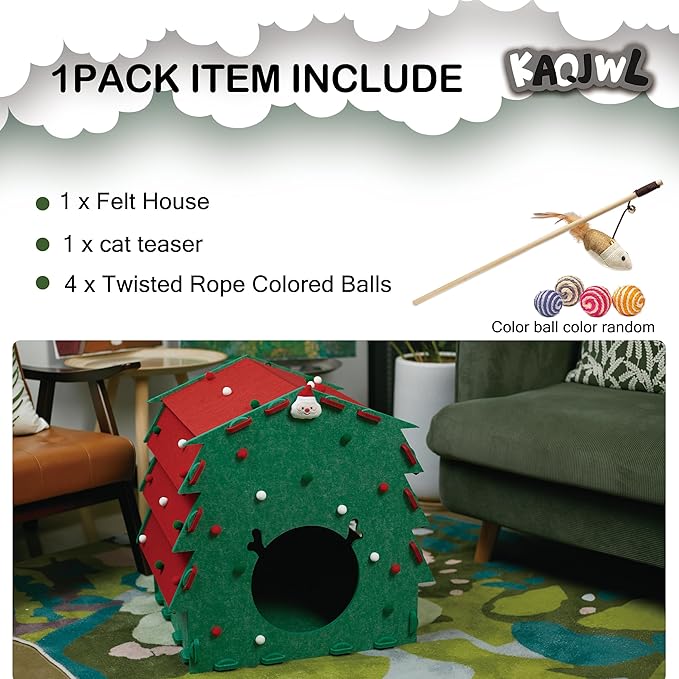 KAQJW Christmas Detachable Felt Cat Bed Condo Shelter House for Indoor Use - Easy to Assemble, Durable and Warm Funnest - Cozy Shelter with Bonus Cat Toys (Xmas-Large House)