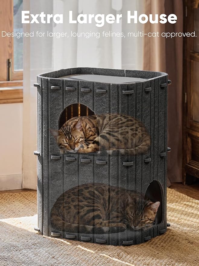 FUKUMARU Cat House for Indoor Cats, 23.62 Inch Large Cat Bed Cave Condo, 2-Storey Cozy Felt Covered Cats Tunnel Kitten Hideaway for Multicats, Scratch Resistant, Dark Grey