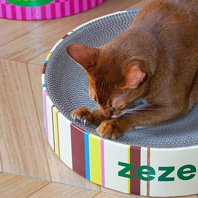 ZEZE Round Cat Scratcher Bed — Durable Corrugated Cardboard Cat Lounge, Scratch & Sleep Bowl Shape Cat Bed, Cozy Curved Design, Minimal Mess, Sturdy Edge Support (Cream Mille-Feuille)
