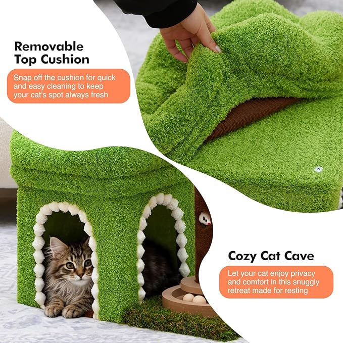 Woochpet Small Cat Tree with Scratching Post and Ball Track, Green Cat Tower with Lifelike Leaves for Kittens and Small Cats, 2-Door Cat Condo and Interactive Cat Toys for Indoor Cats