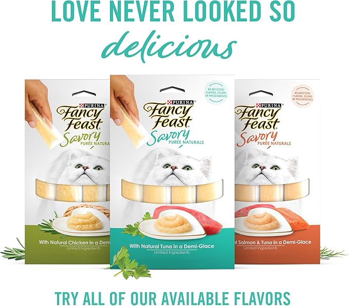 Fancy Feast Purina Squeezable Cat Treats Tube, Savory Puree Naturals with Natural Tuna in a Demi-Glace - 0.35 Ounce (Pack of 36)