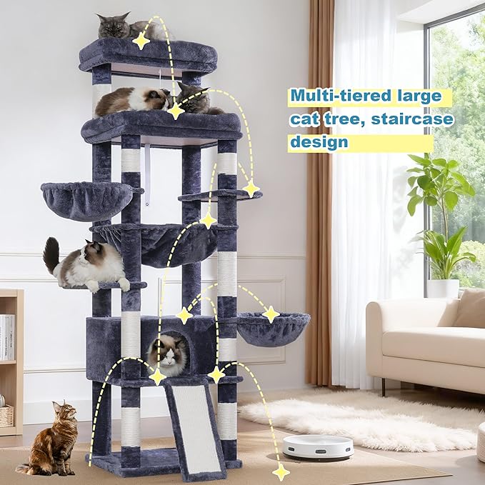 Hey-brother Cat Tree Tower, Scratching Posts with Extra Large Platform and Basket, Specious Condo, 2 Cozy Hammocks, Scratch Board for Indoor Adult Cats, Maine Coon 71.7 inches, Smoky Gray MPJ080G