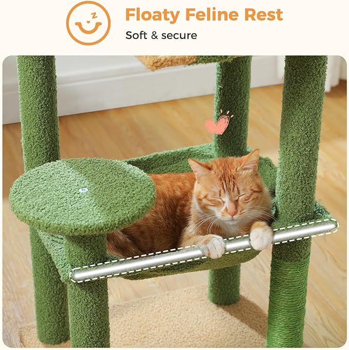 MUTTROS Cactus Cat Tree for Indoor Cats, 44.5" Multi-Level Cat Tower with Large Metal Frame Hammock, Cat Condo with 2 Scratching Posts and Top Perch for Small to Medium Cats, Green