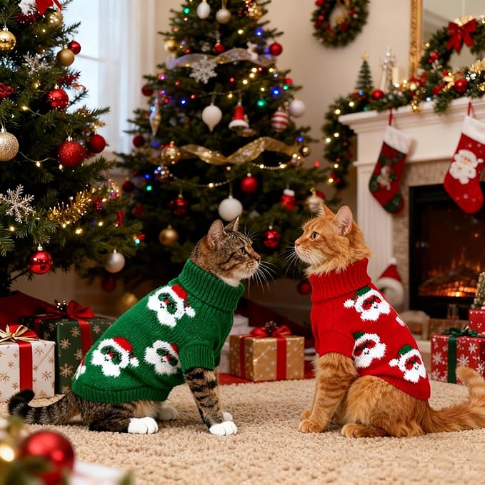 BWOGUE 2 Packs Cat Christmas Sweater Dog Sweaters Pet Cat Winter Knitwear Warm Clothes Pet Santa Claus Merry Christmas Pets Sweaters for Kittys and Small Dogs