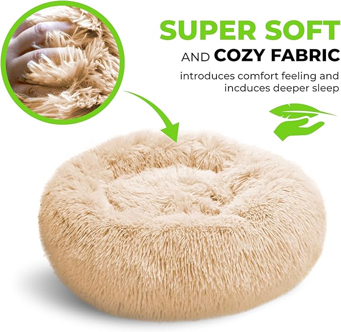 Whiskers & Friends Cat Beds for Indoor Cats, Fluffy Calming Donut Cat Bed, Small Dog Bed Washable - Orthopedic Soft Plush Pet Beds Sized for Kitten to Large Cats & Puppy to Small Dogs - Khaki