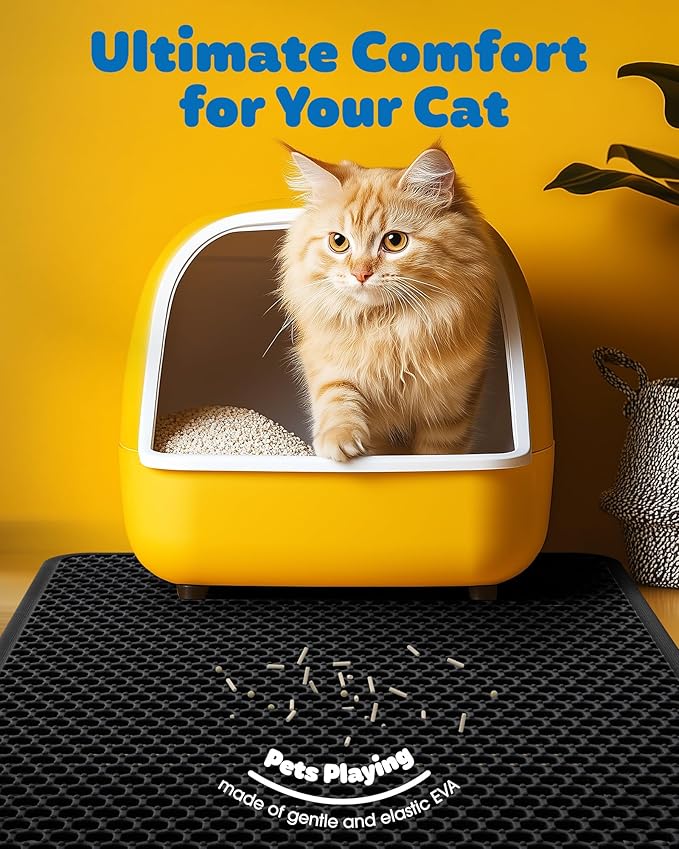 Cat Litter Mat - 30'' x 24'' Large Litter Trapping Mat, Easy to Clean Litter Box Mat, Waterproof, Urine-Proof, Non-Slip Kitty Litter Mats for Floor, Black