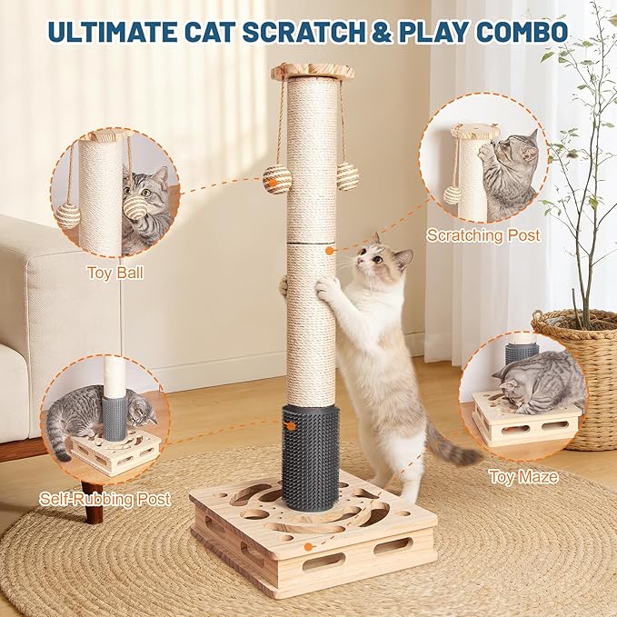 20.5 Inch Cat Scratching Post, 4-in-1 Interactive Maze Base with Cat Self Groomer, Natural Pine Wood & Premium Sisal Scratching Pole, Anti-Slip Detachable Design for Indoor Cats